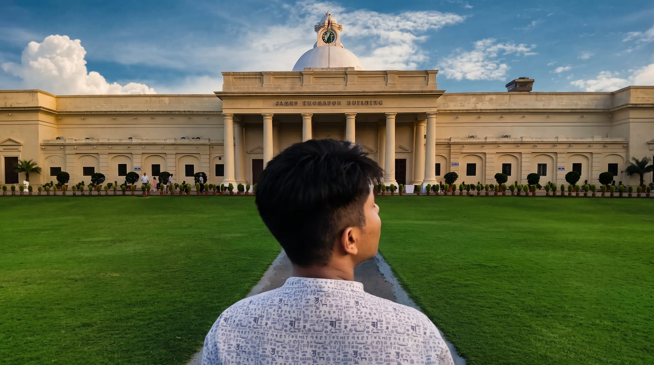 Sneha Das looking toward the James Thomason Building at IIT Roorkee beneath its clock top, representing a personal academic timeline